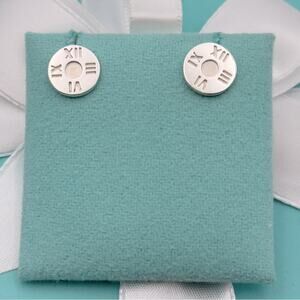Tiffany & Co. Atlas Roman Numeral Stud Earrings Rare Sterling Silver W/ Pouch